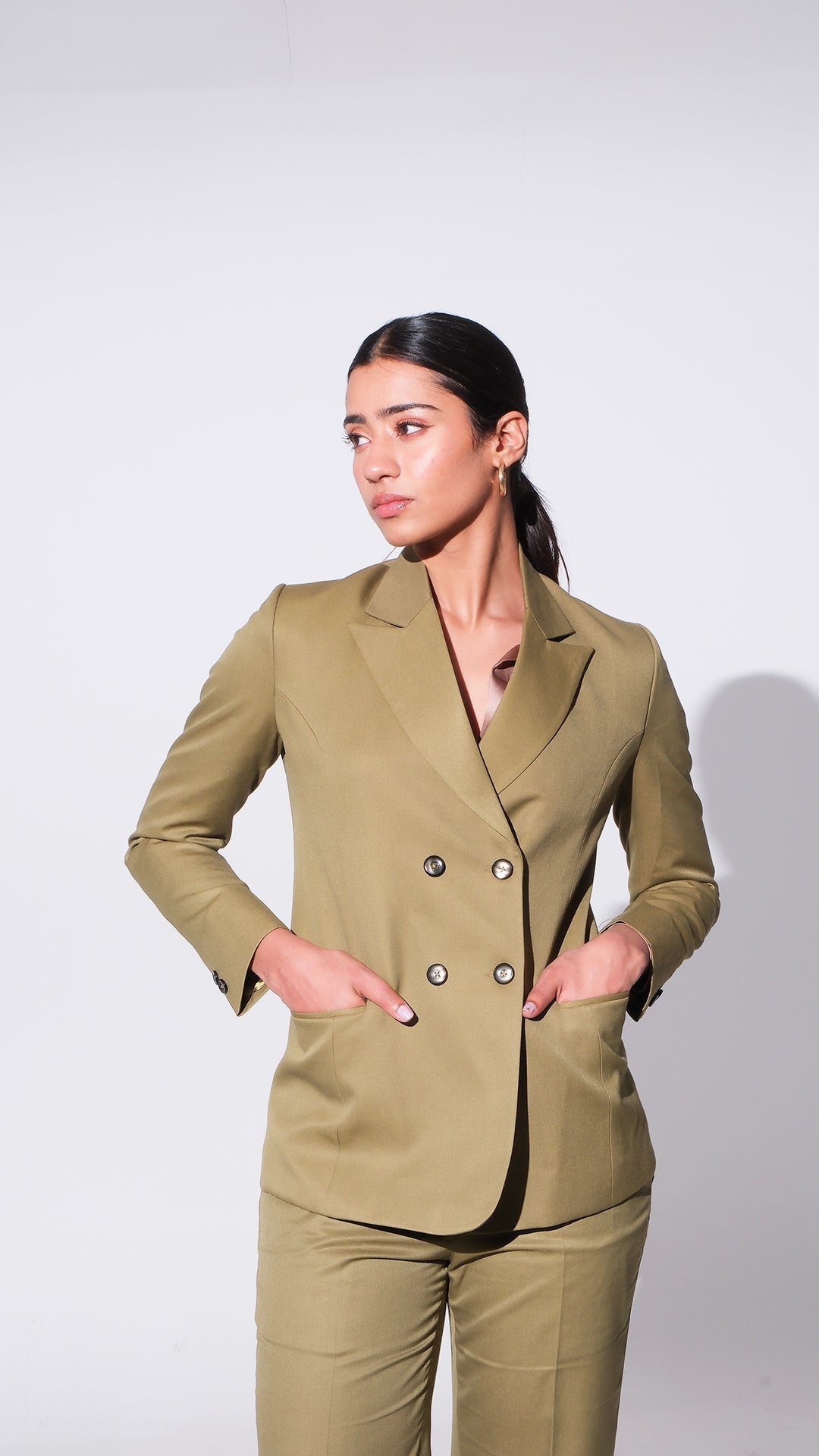 Double Breasted Business Suit- Olive Blazer