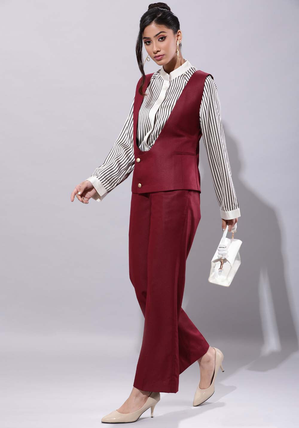 Deep Neck Waistcoat With Culottes Set- Maroon