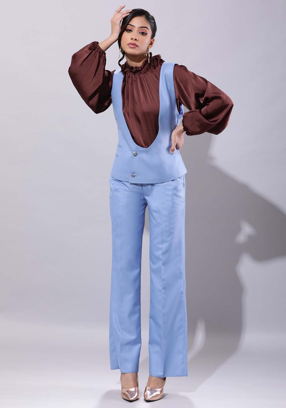 Deep Neck Waistcoat With Culottes Set- Blue