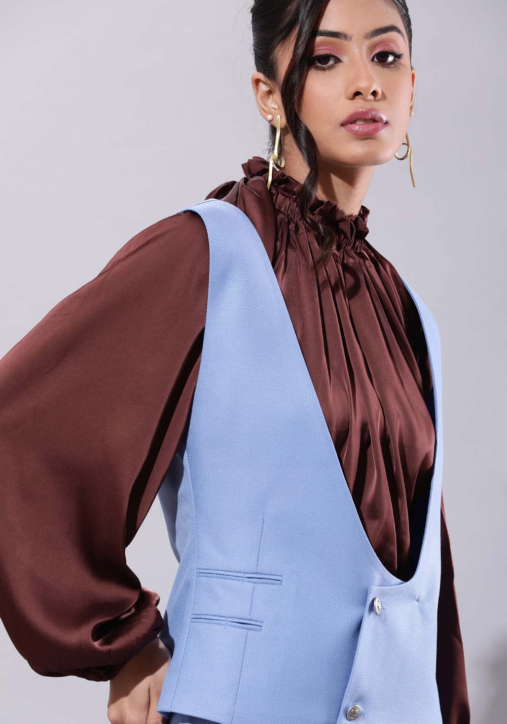 Deep Neck Waistcoat With Culottes Set- Blue