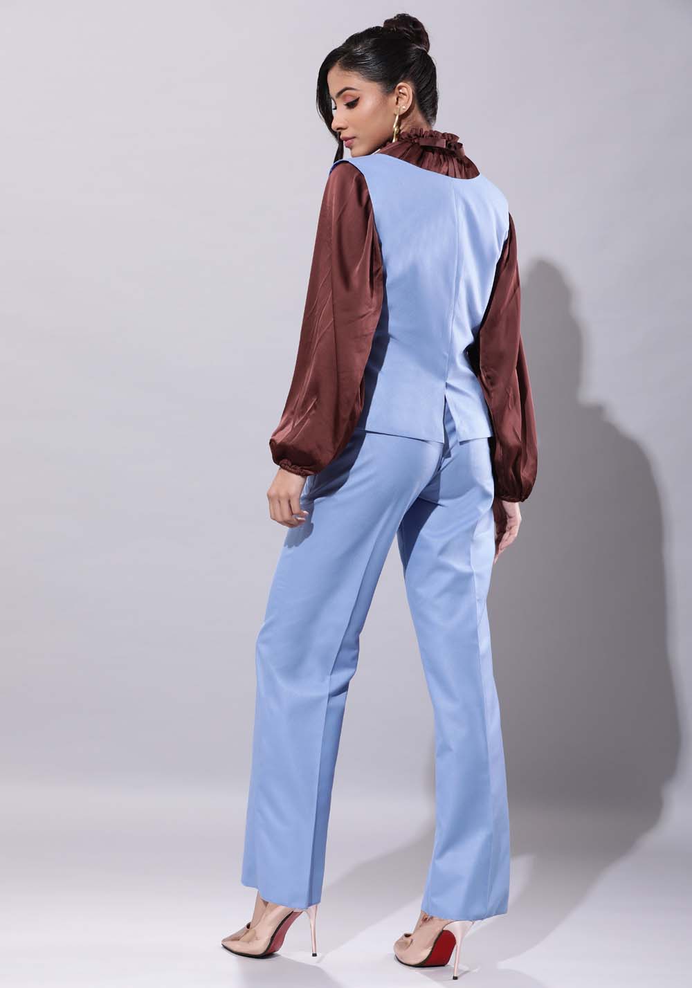 Deep Neck Waistcoat With Culottes Set- Blue