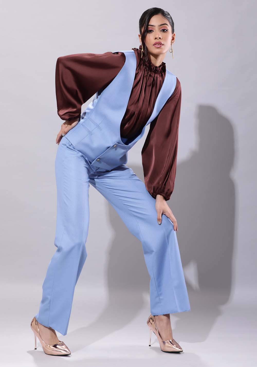 Deep Neck Waistcoat With Culottes Set- Blue