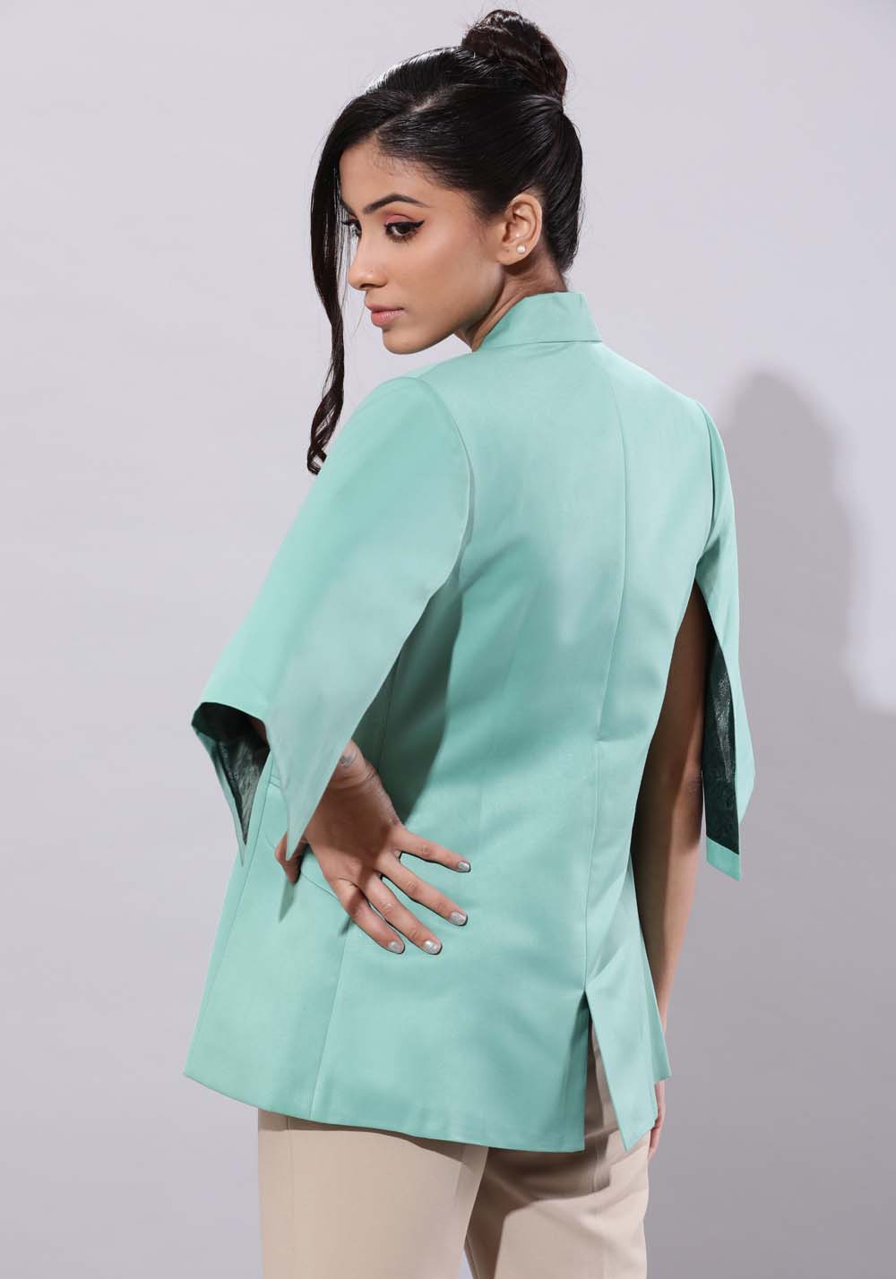 Women's Sea Green Slit Sleeves Blazer