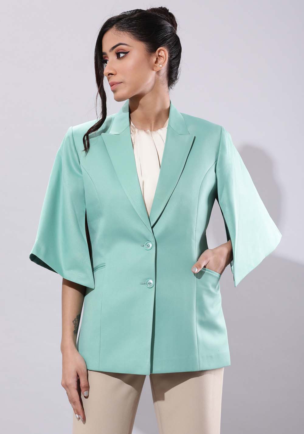 Women's Sea Green Slit Sleeves Blazer