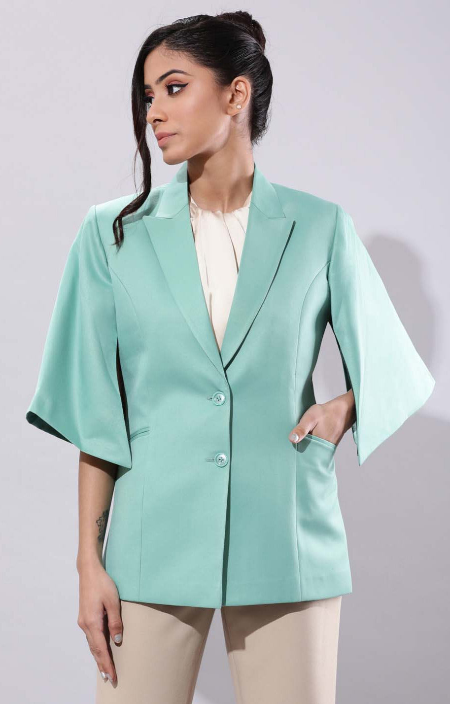 Slit Sleeves Blazer- Sea Green