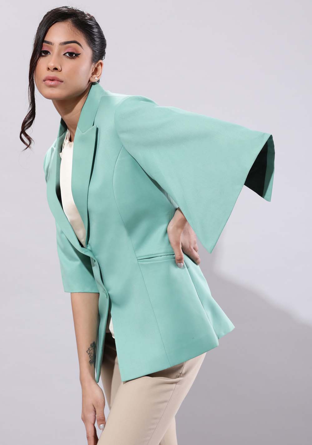 Women's Sea Green Slit Sleeves Blazer