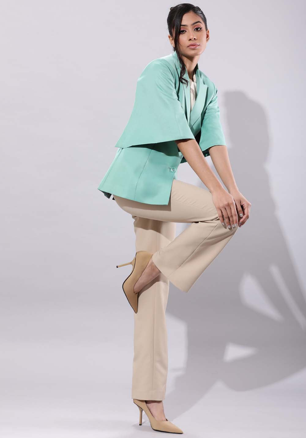 Women's Sea Green Slit Sleeves Blazer