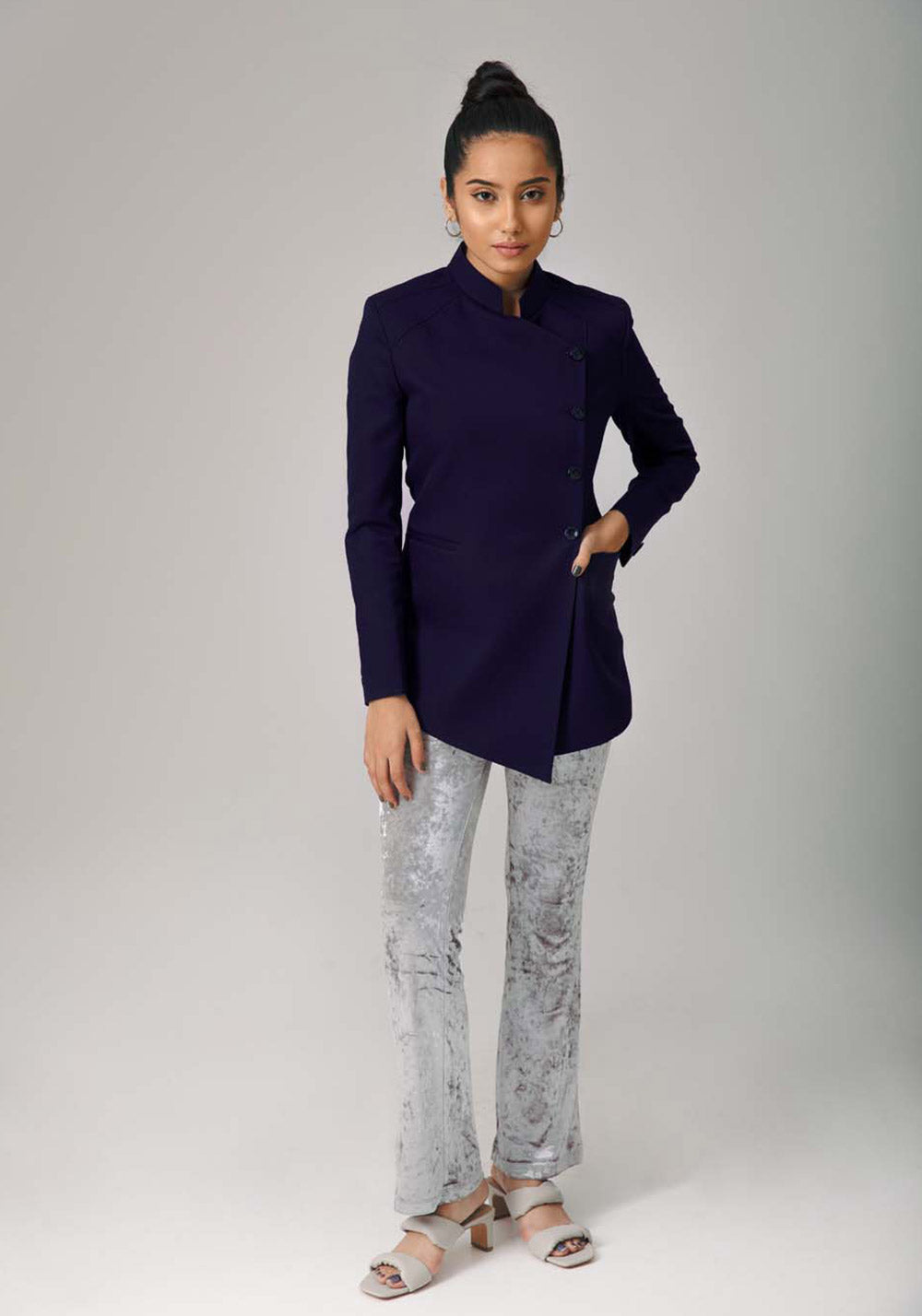 Blazer with Stand Collar- Navy Blue