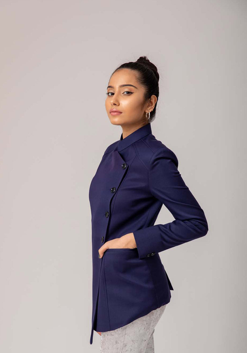 Blazer with Stand Collar- Navy Blue