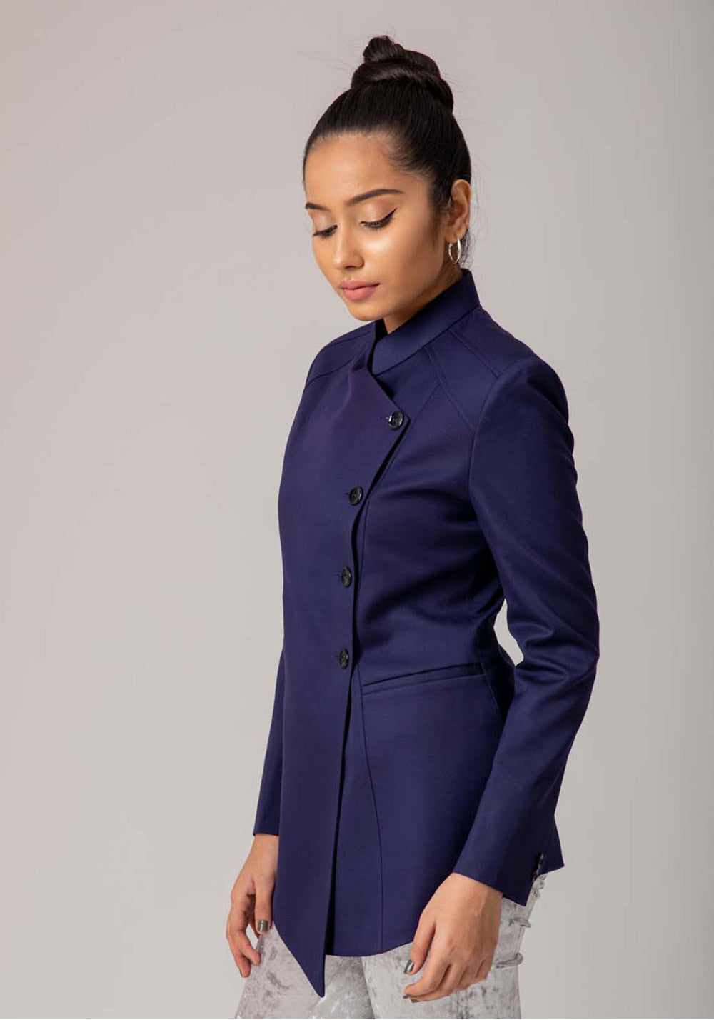 Blazer with Stand Collar- Navy Blue