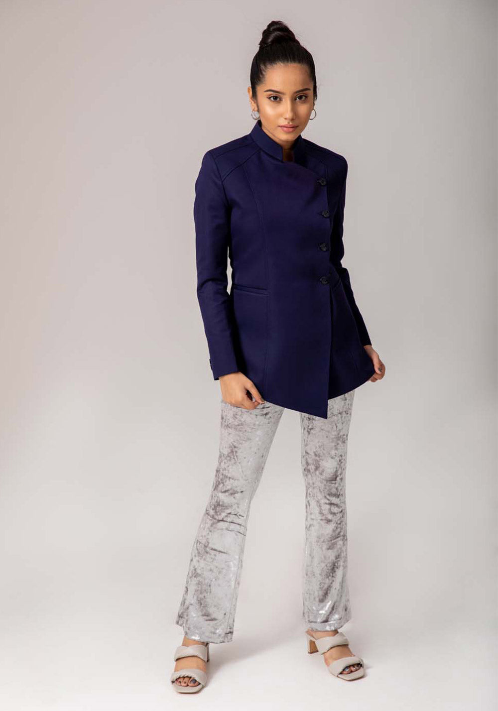 Blazer with Stand Collar- Navy Blue